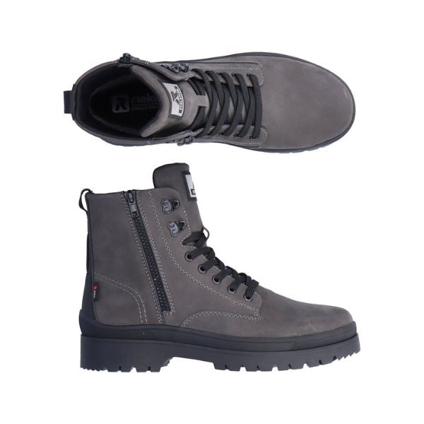 Grey combat boot with balck laces, outside zipper and lugged outsole. R-evolution by Rieker logo on tongue
