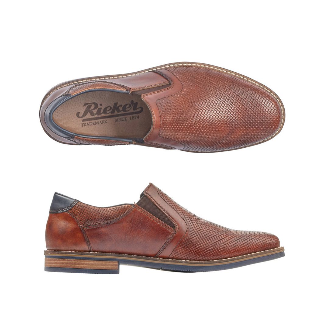 Top and side view of brown Rieker slip-on dress shoe.