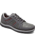 Men's Rockport Get Your Kicks Sneaker in grey with red accents, featuring moisture-wicking mesh lining and cushioned support.