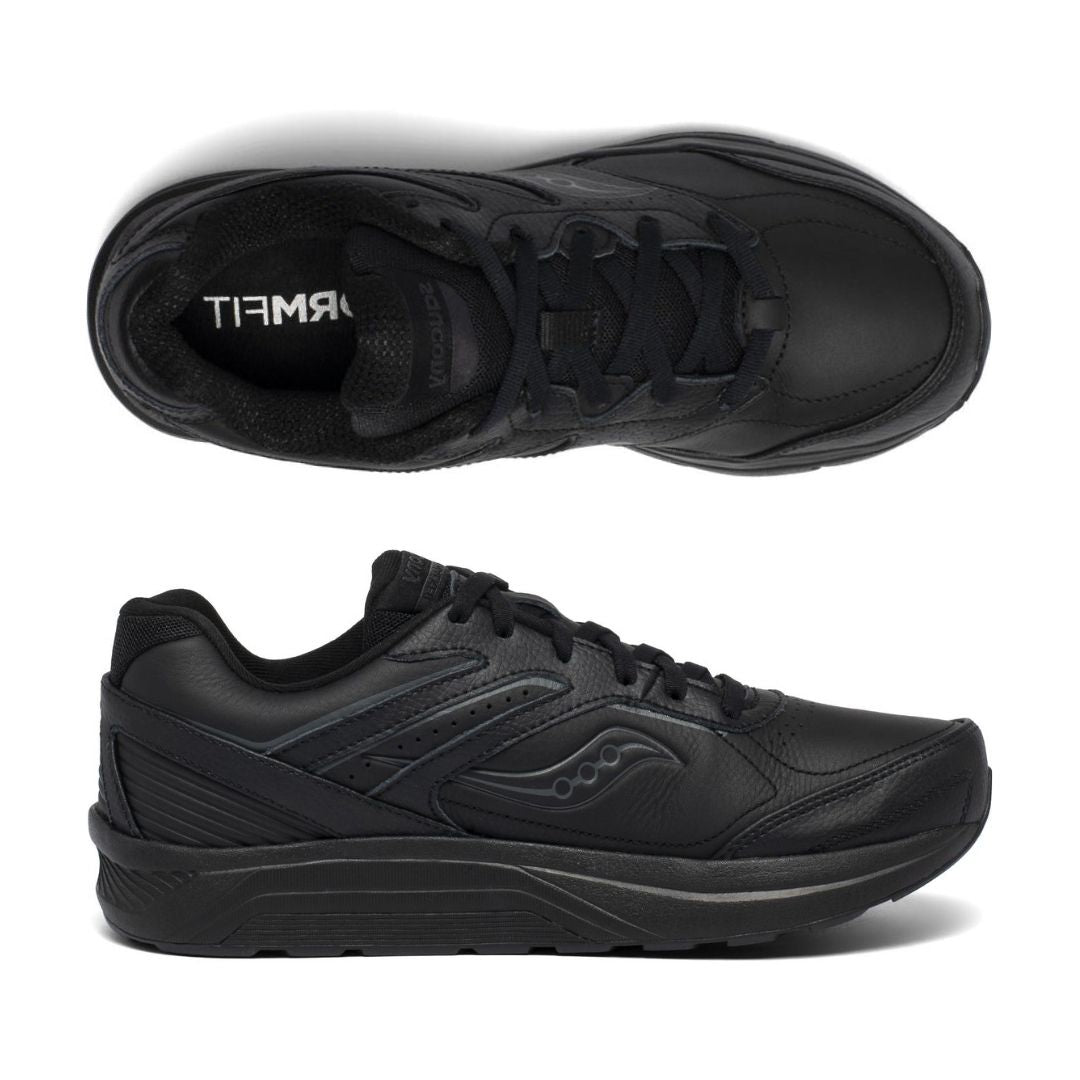 Top and side view of black leather lace up sneaker with Saucony logo on side