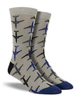 A pair of grey bamboo crew socks with blue and grey airplanes on them.