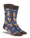 Blue crew socks with golden retriever dog pattern and brown cuff, heel and toe caps.