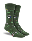 Dark green socks covered in golf carts and putting holes