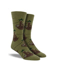 Men's Socksmith Sloth Socks in olive green featuring playful sloth pattern. Soft cotton crew socks ideal for relaxed, everyday style.
