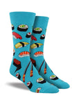 Blue socks with various sushi and chopstick pattern.