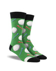 Green socks with black accents with golf balls and tees on them