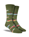 Socks in olive green with colorful trout fish print.