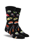 Black crew socks with various sushi rolls and chopsticks.