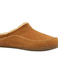 Tan sueded slipper with fleece lining and stitched trim and brown rubber outsole.