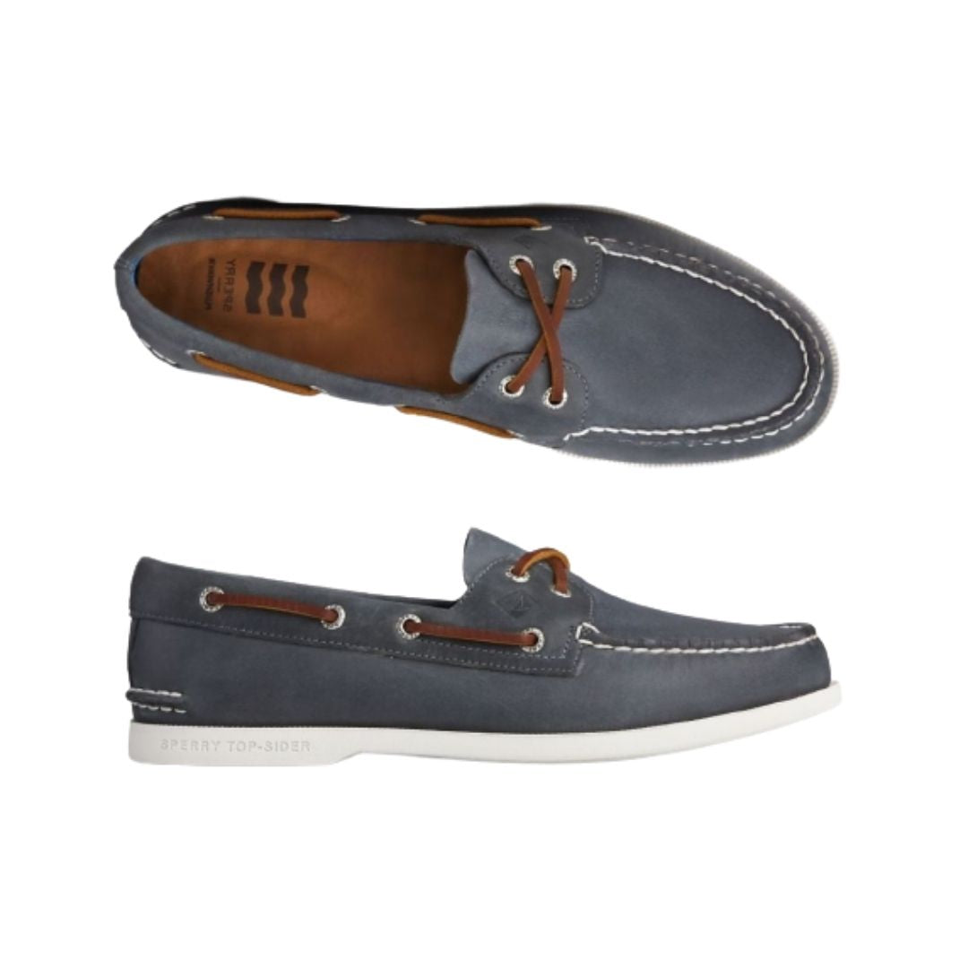 Top and side view of navy leather boat shoe with brown leather laces and a white outsole
