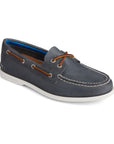 Navy leather boat shoe with brown leather laces and a white outsole