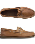Top and side view of brown leather oat shoe with leather laces and contrasting stitching.