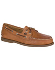 Brown leather oat shoe with leather laces and contrasting stitching.