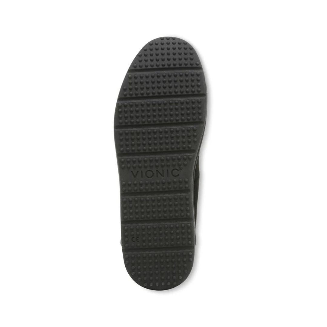 Black outsole of men's slipper with Vionic logo on center.