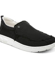 Vionic Seaview Slip-On Shoe in black with white sole, designed for men seeking breathable cotton canvas comfort and arch support.