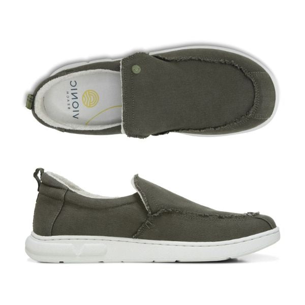 Olive green canvas shoe with white outsole.