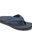 Navy toe post sandal with black outsole.