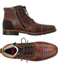 Top view of wool lined laced men's work style boot with side zipper and laces in  brown/amaretto has detailed stitching and shades