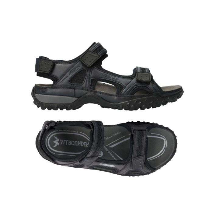 The  side view of the navy Regent sandal by Mephisto shows 2 velcro fasteners over foot and one at heel with thick outsole and top view shows black footbed with another view of straps