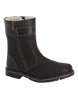 Black boot with wool lining and side zipper showing detailed stitching designs