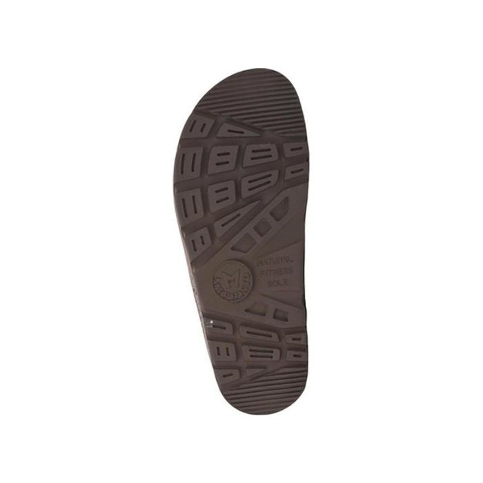 Dark brown outsole with tread on the dessert Zach footed slip on sandal by Mephisto