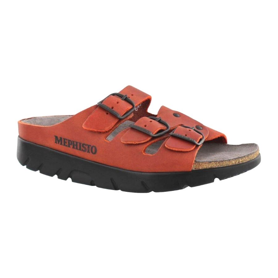 Red scratch  sandal with 3 buckle straps across foot with a black outsole on the slip on Zach footed sandal by Mephisto