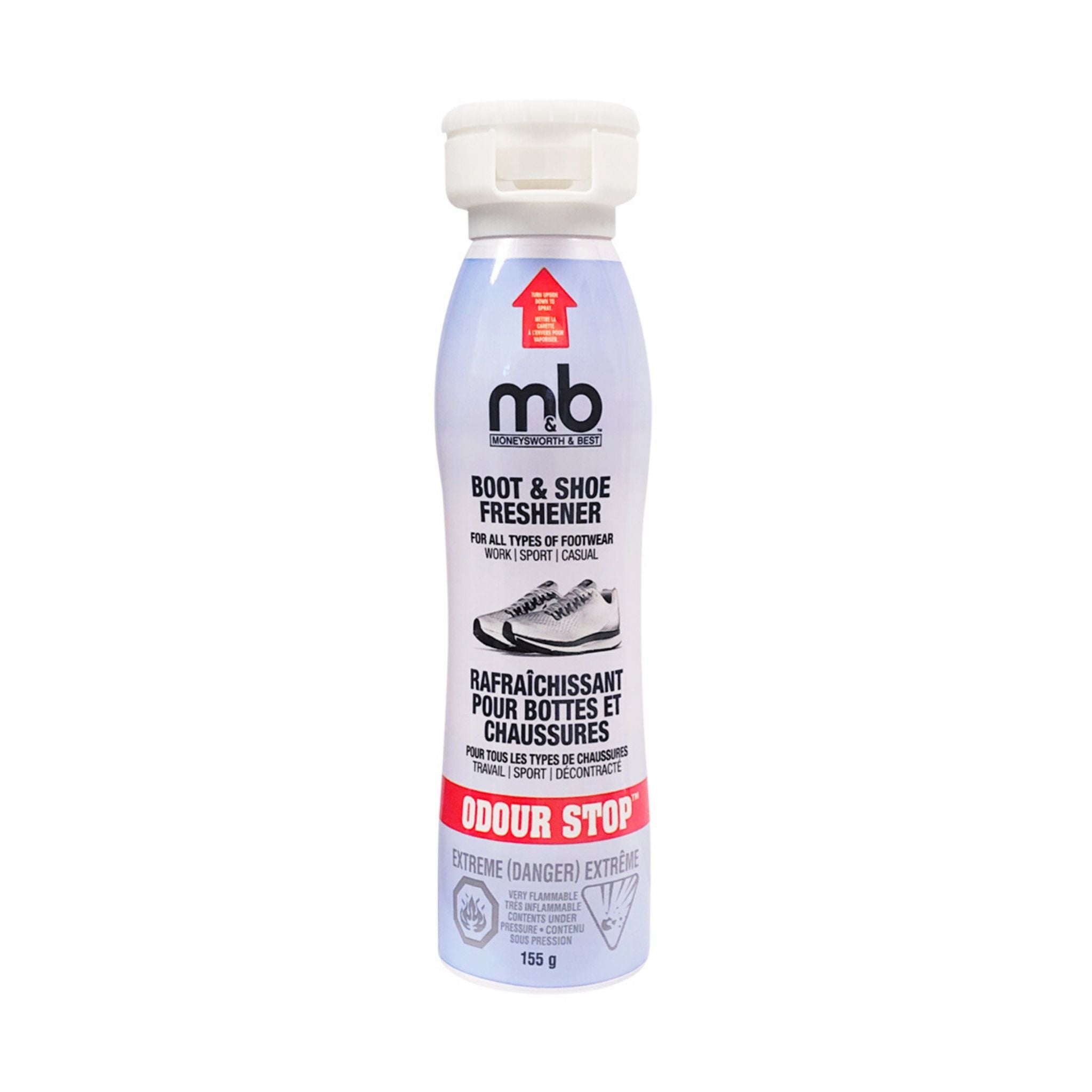 Spray can of Boot and Shoe Freshener, M&amp;B logo on white can