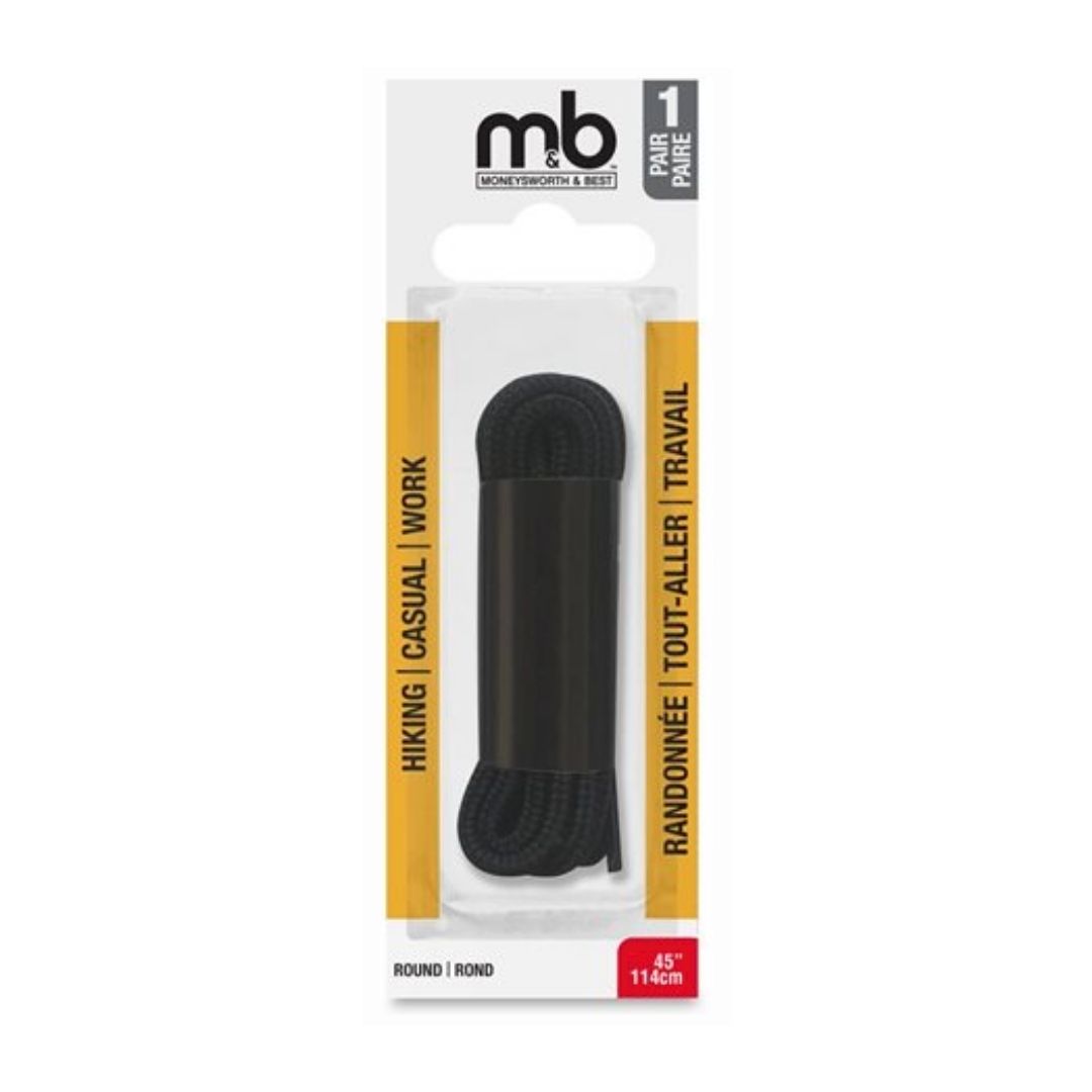 Black round hiking/casual/work shoe laces by Moneysworth & Best, 45 inches long, ideal for durable footwear support.