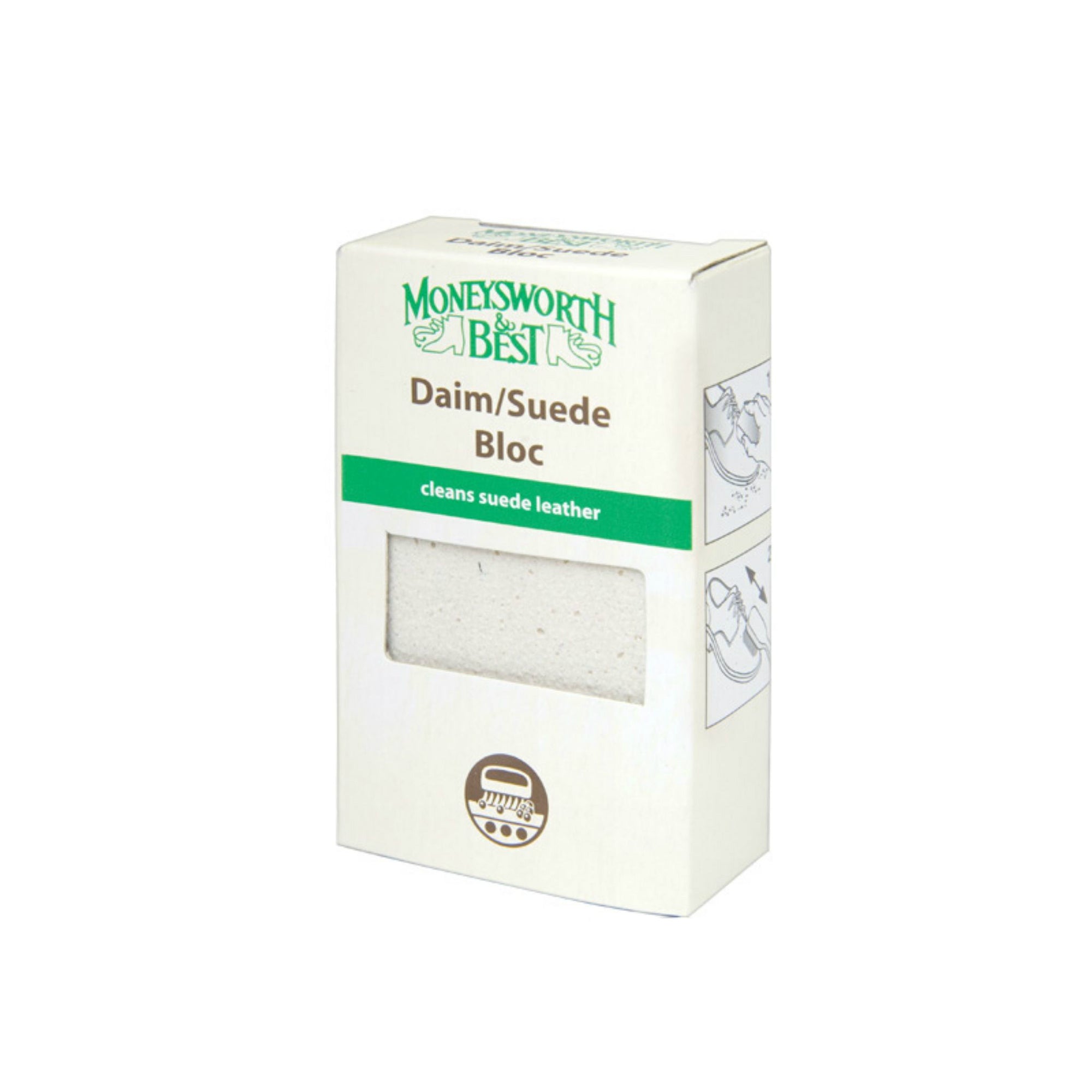 White box of a Suede and nubuck cleaning block with green details