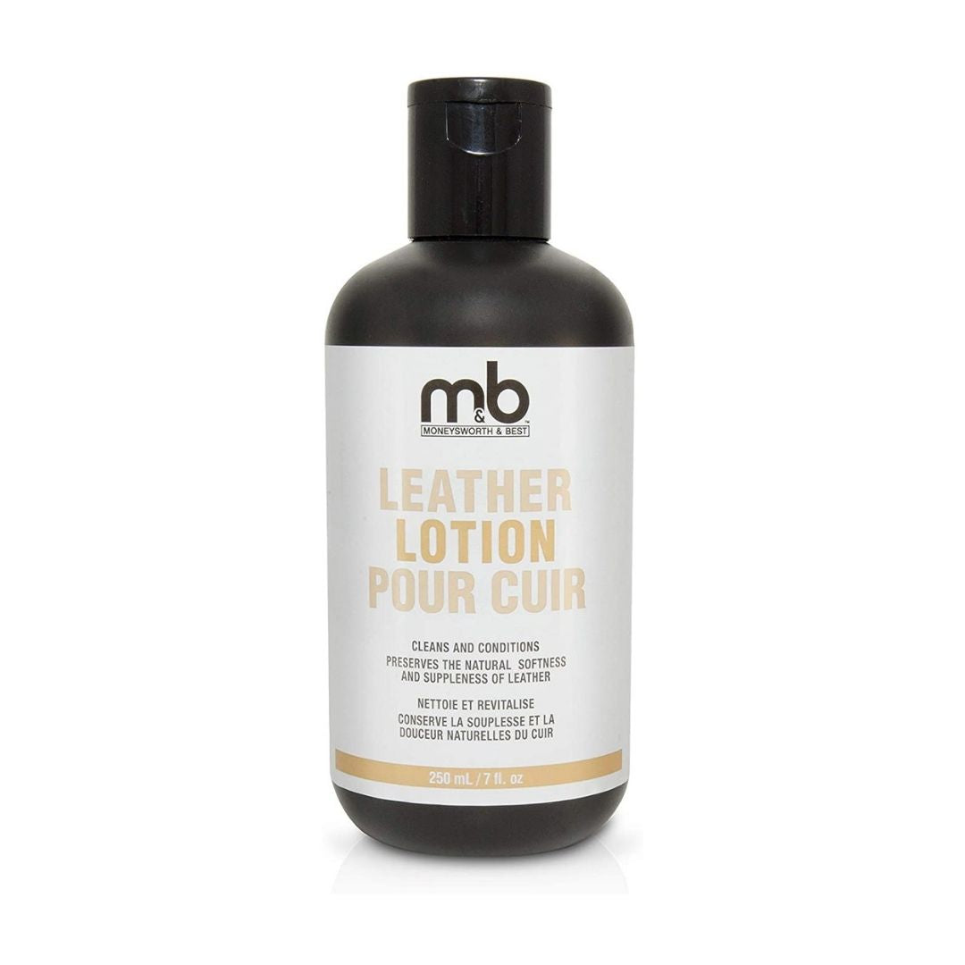 Black plastic container of M&amp;B&#39;s leather lotion.