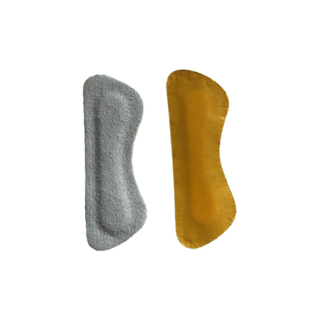 Small rounded rectangle shaped heel grips showing soft grey and sticker sides
