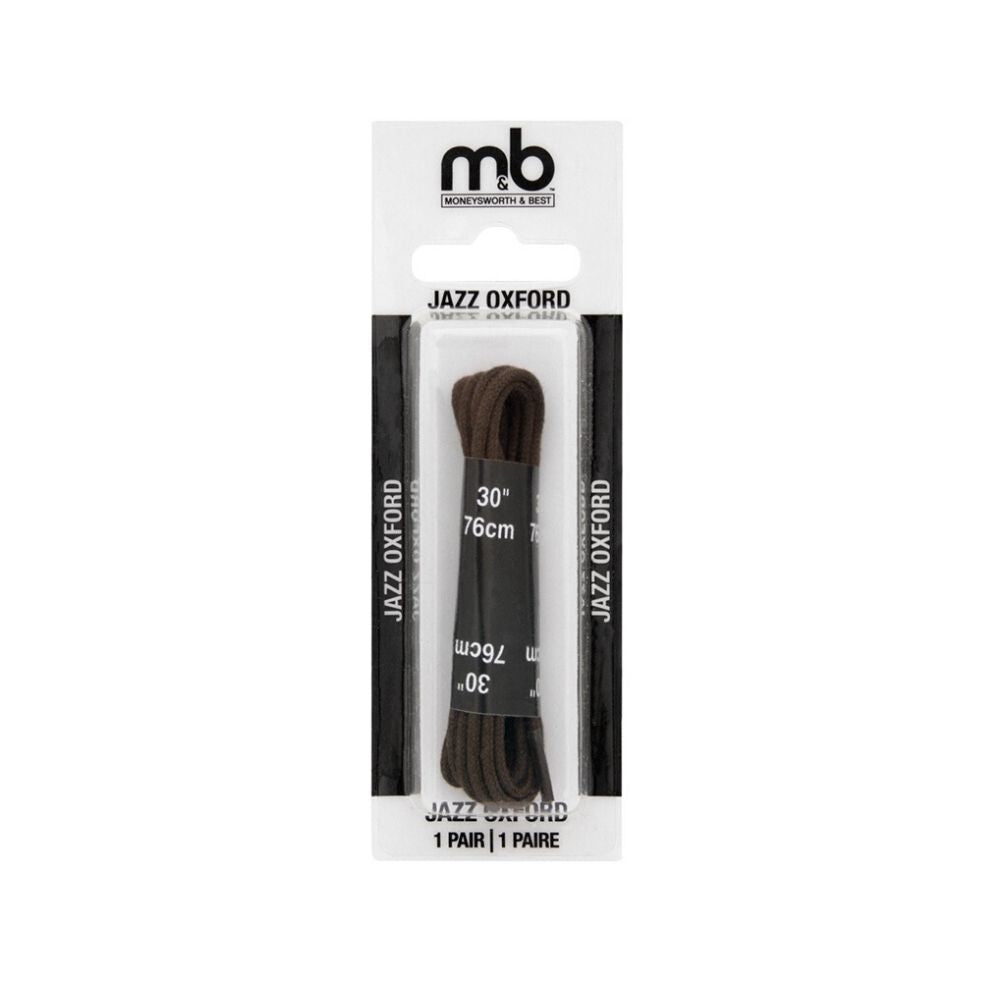 Moneysworth & Best Round Oxford Dress Shoe Laces in brown, 30-inch length, ideal for jazz oxfords and dress shoes. Durable braided design for secure fit.