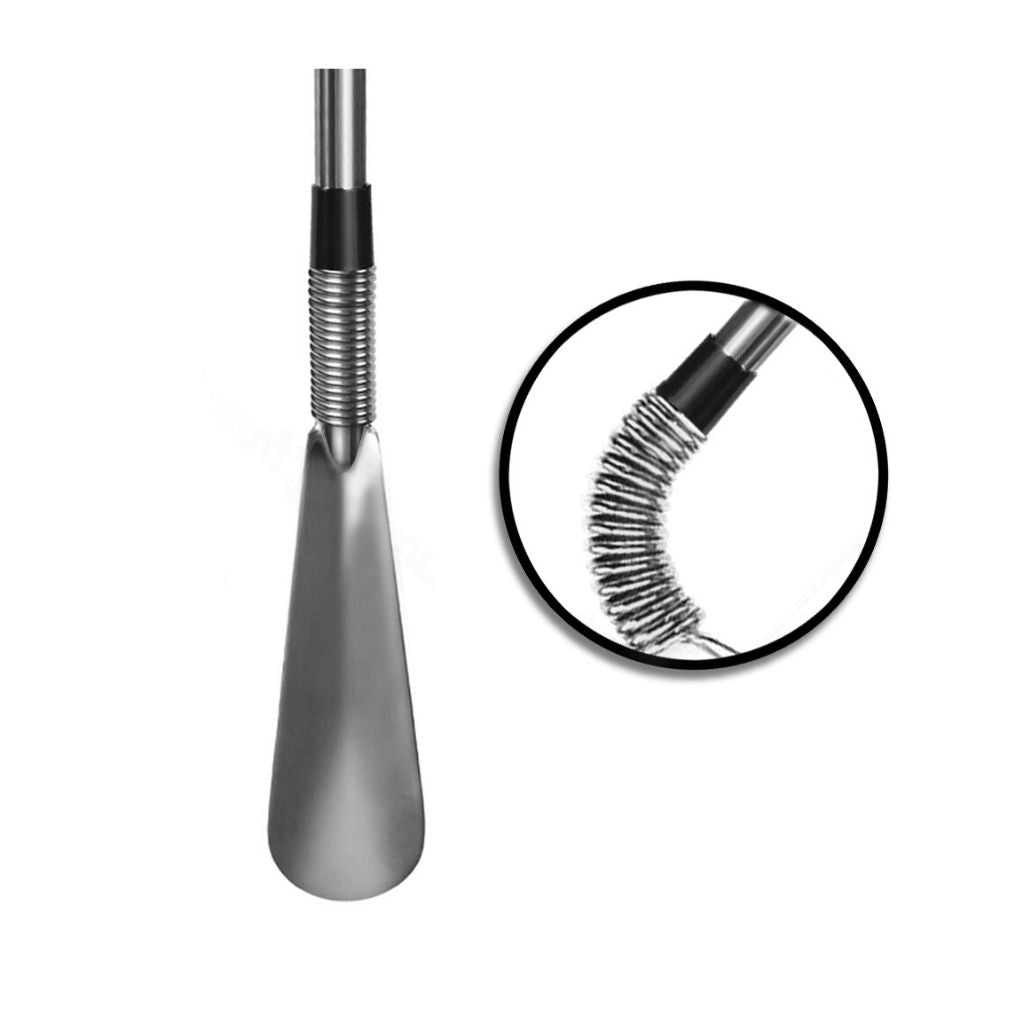 End of metal shoe horn with bendy spring and scooped end