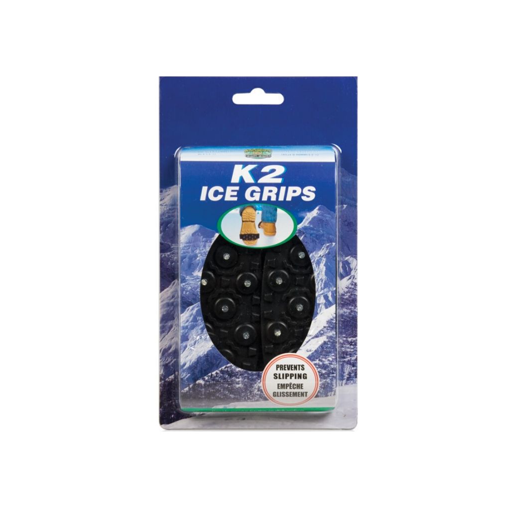 Blue Box for the K2 ice grips showing instructions and slip spikes