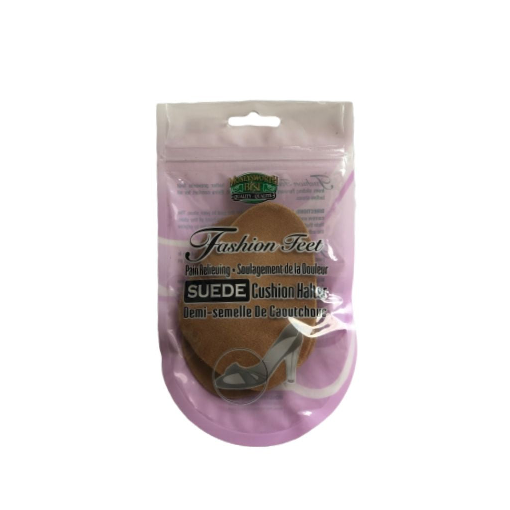 Packaged Suede Cushion Halter Foot Pads by Fashion Feet, pain-relieving and self-adhesive shoe inserts for better fit and comfort.