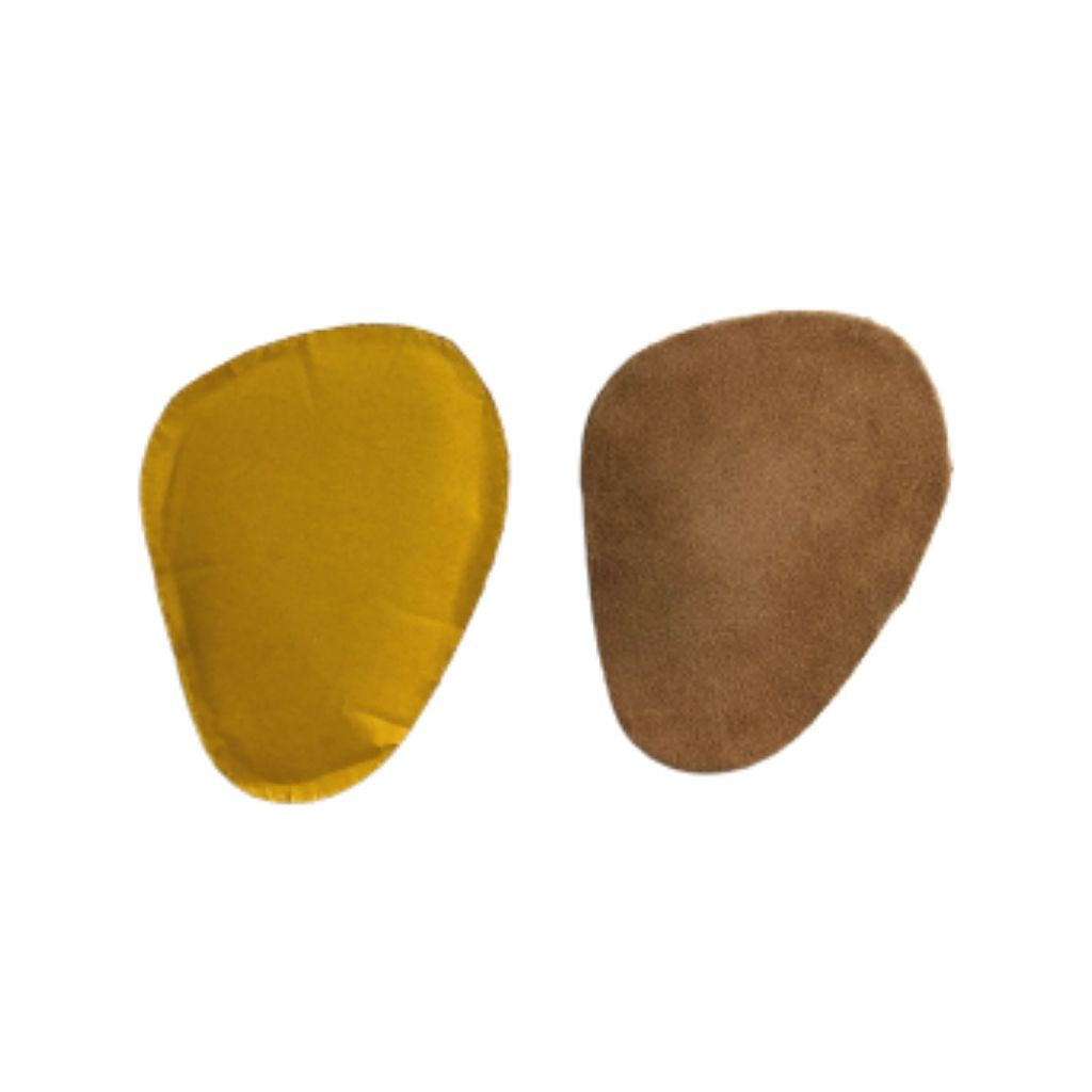 Suede Cushion Halter Foot Pads in tan and yellow, anti-slip and self-adhesive inserts for preventing foot slippage in shoes.