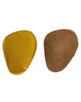 Suede Cushion Halter Foot Pads in tan and yellow, anti-slip and self-adhesive inserts for preventing foot slippage in shoes.