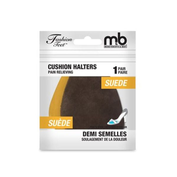 Retail packaging of Suede Cushion Halter Foot Pads by Fashion Feet, featuring suede material for cushioning and anti-slip support.