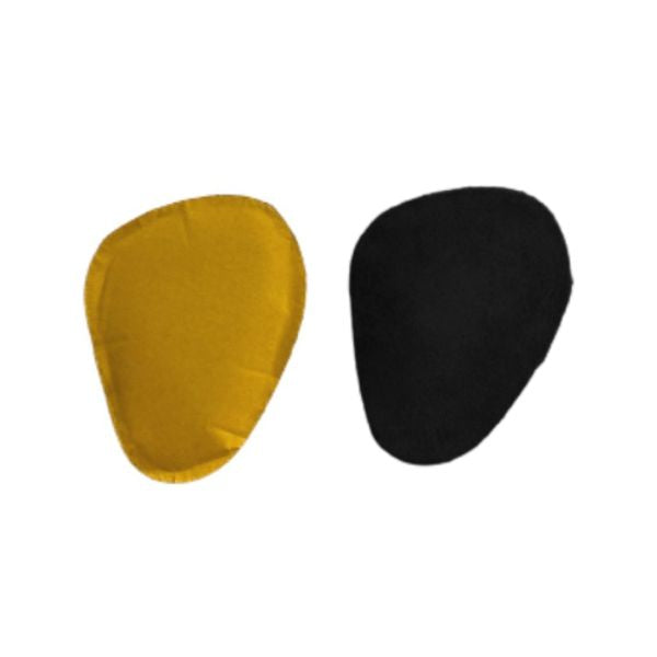 Black and yellow Suede Cushion Halter Foot Pads, anti-slip shoe inserts ideal for slightly large shoes, self-adhesive for secure fit.