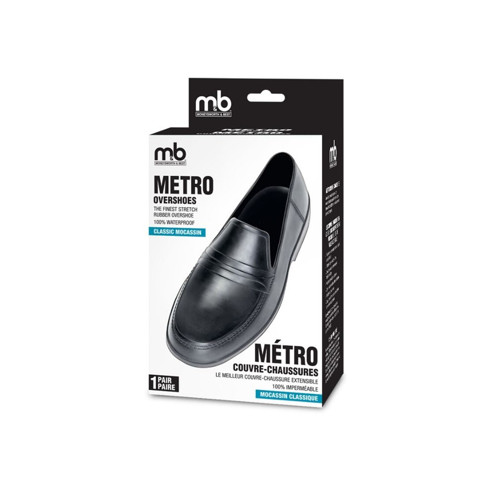 Box for loafer style overshoe showing size and instructions as well as image of black loafer shoe