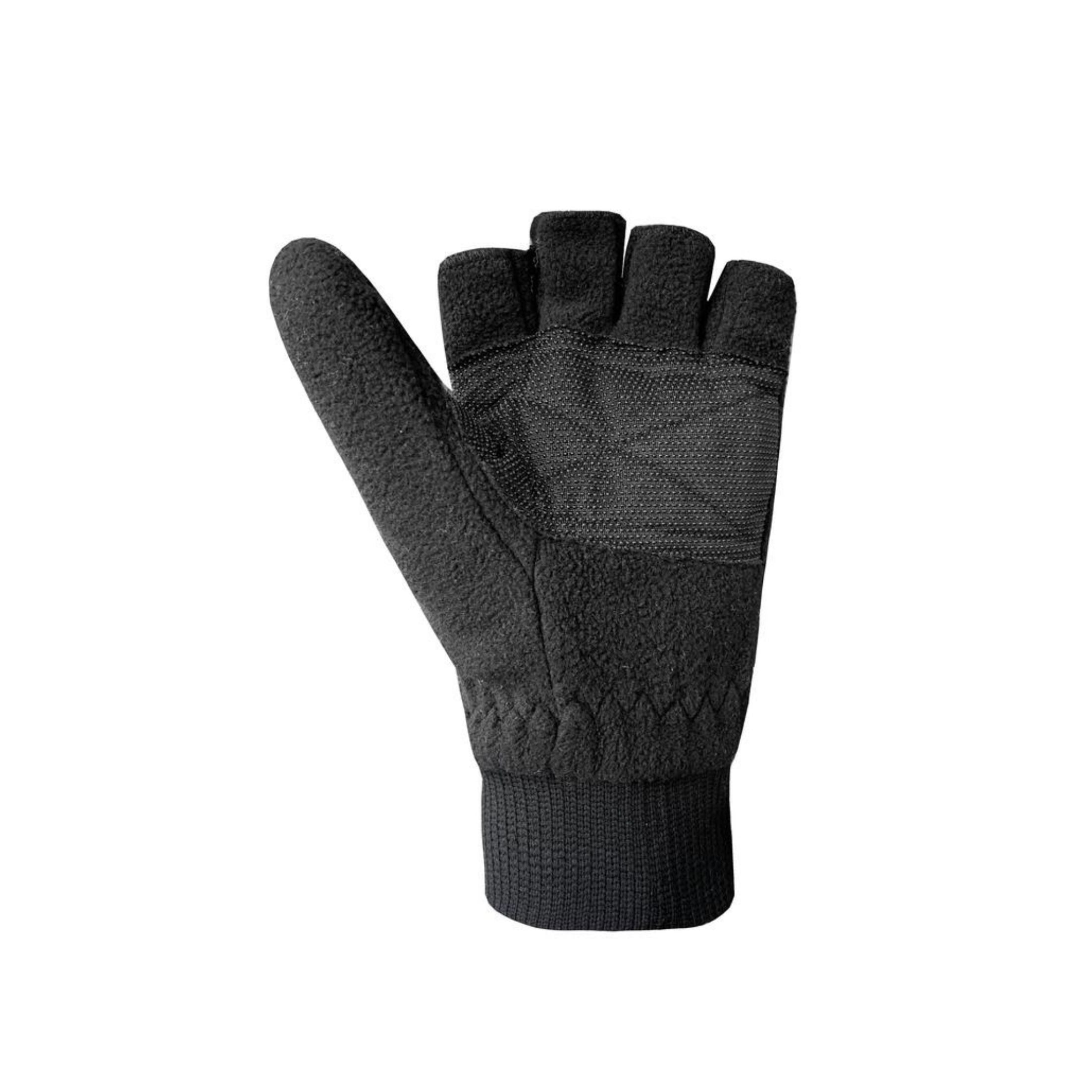 Black mittens folded back into fingerless gloves. 