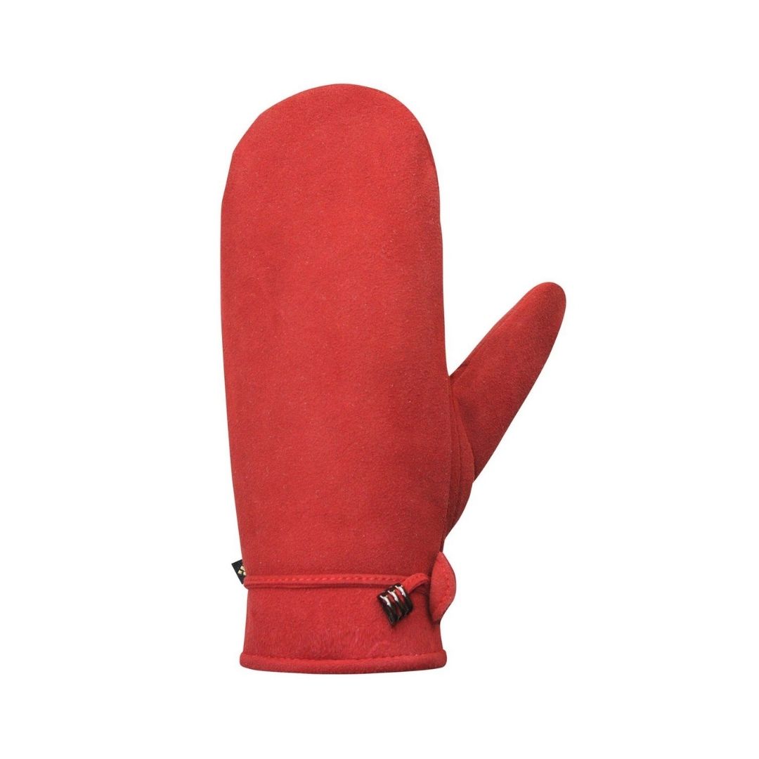 Red suede leather mittens with drawstring at cuff.