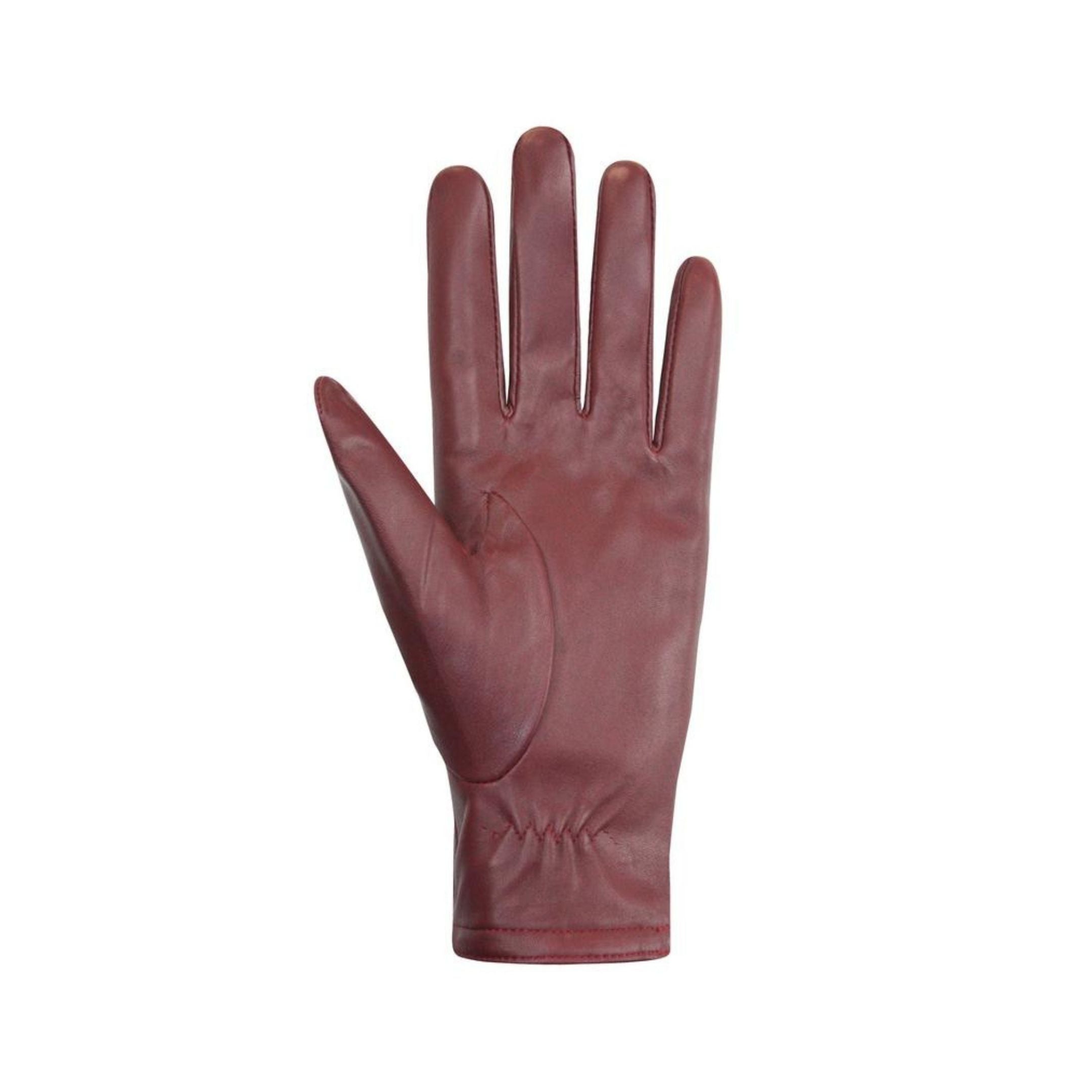 Palm side of simple burgundy gloves with elastic cuff. 