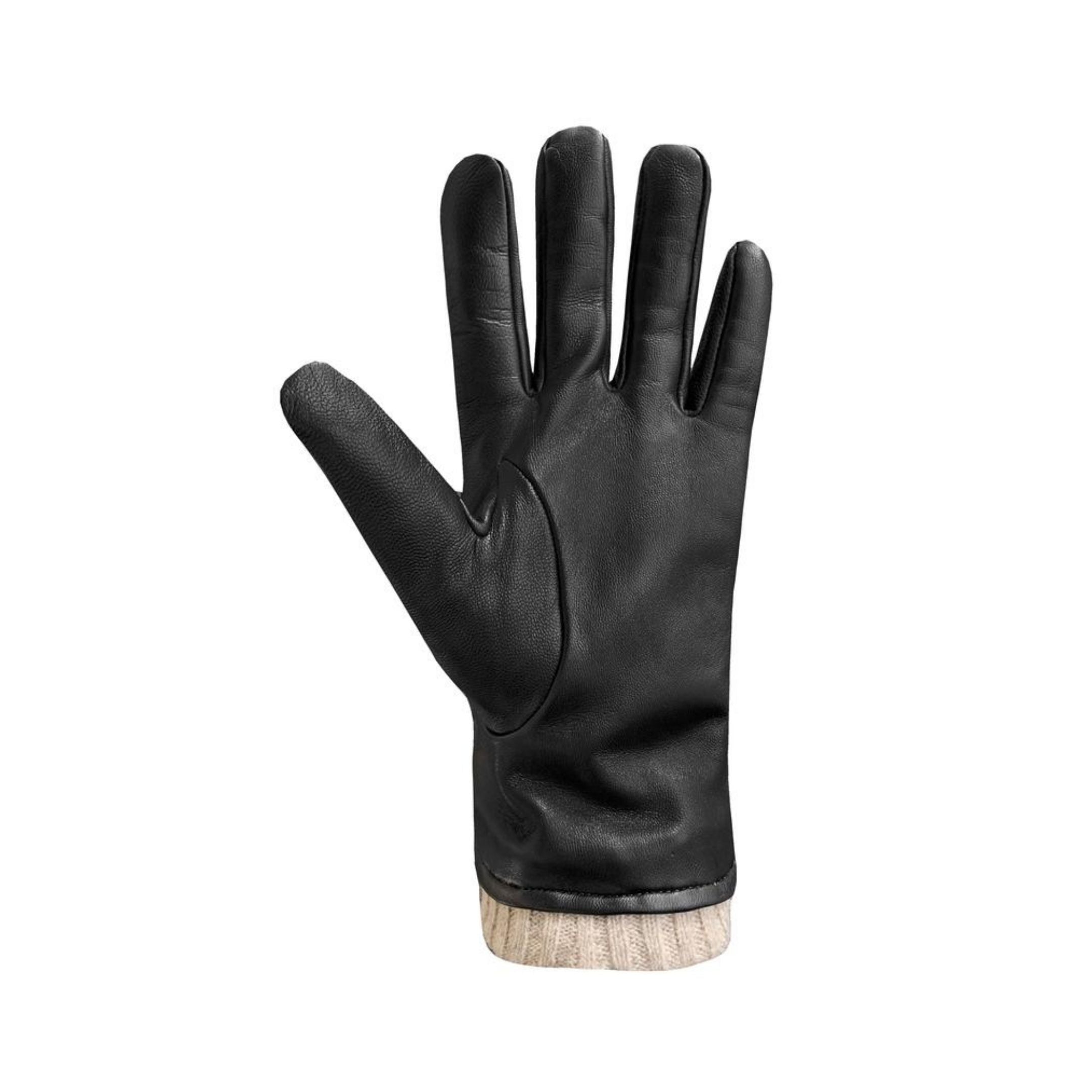 Palm side of black leather gloves with grey knit cuffs. 