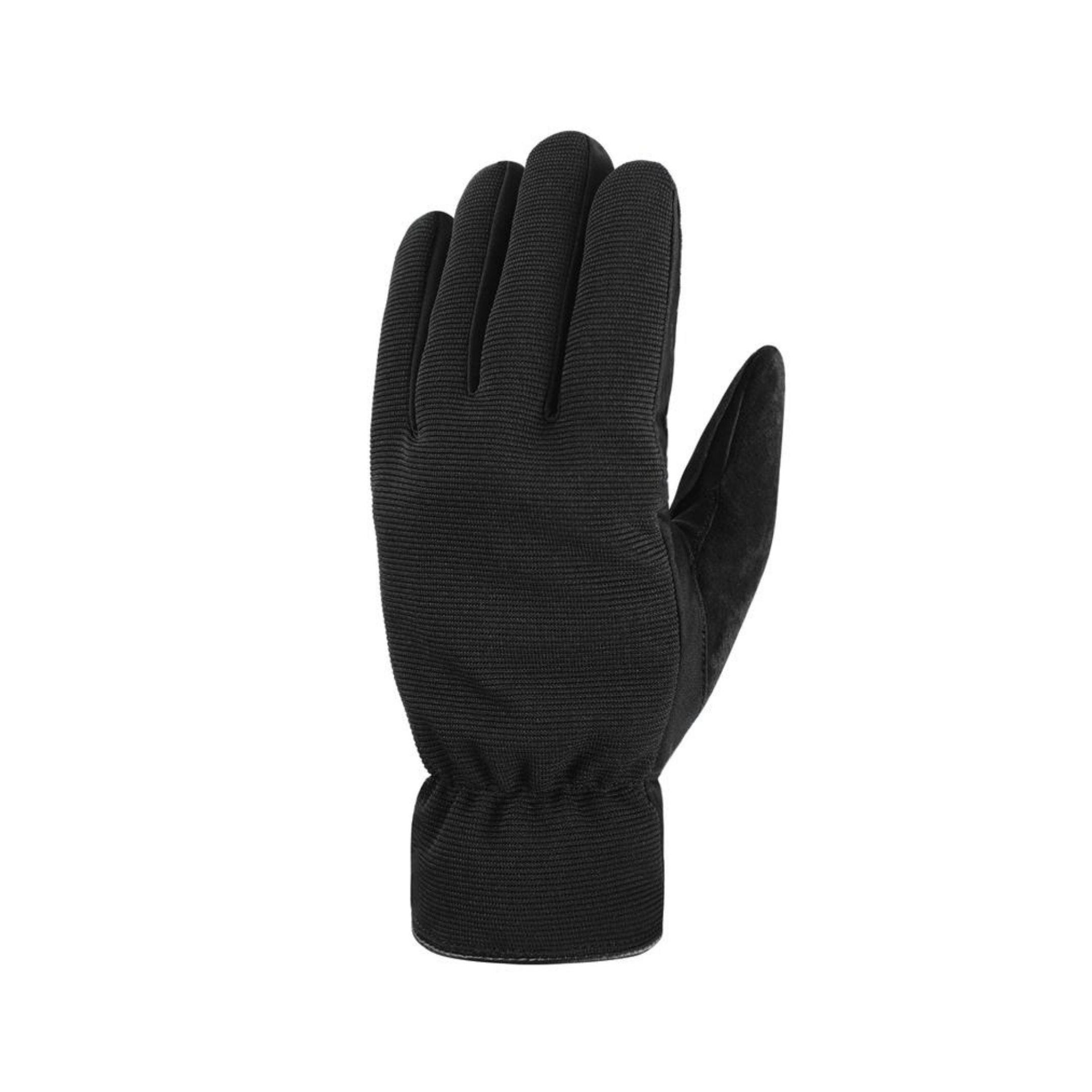 Top view of thick black textile gloves.