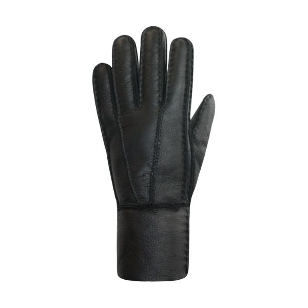 Top view of black leather gloves with stitched details along cuff and fingers. 