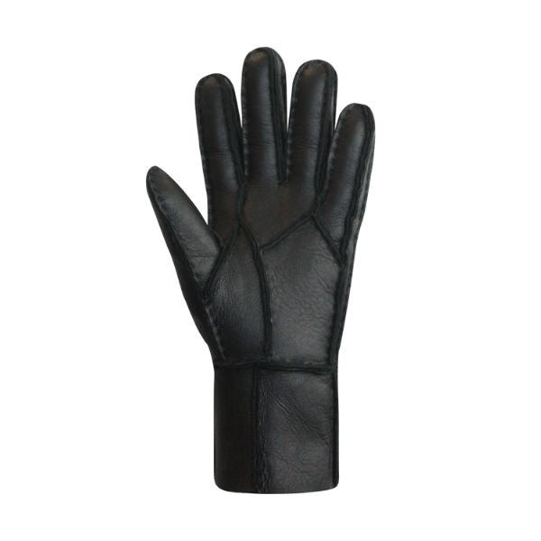 Palm side view of black leather gloves with stitched detailing. 