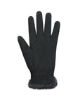 An Auclair palm of black deer suede glove with dark grey faux fur cuffs.