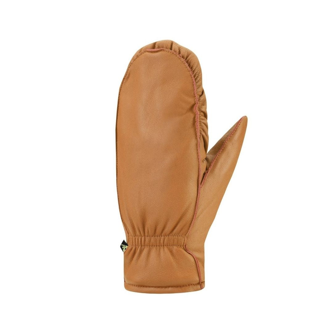 Camel brown leather mittens with scrunchy stitching at cuff