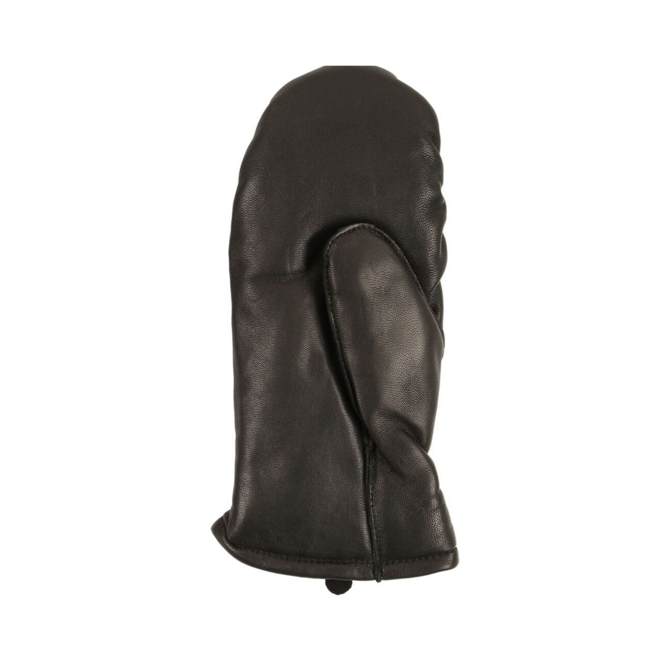 Palm side view of black leather mittens. 